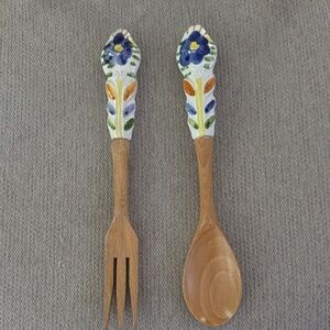 Made in Italy Handcrafted Floral Wooden Spoon and Fork Salad Set